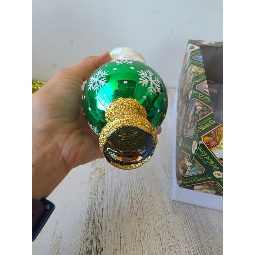OWC Old world 2005 Santa glitter tree topper ball green gold Xmas tree